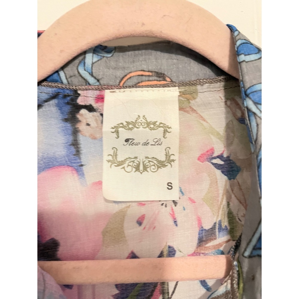 Fleur de Lis Tunic Top Womens Small Blue Floral Patchwork Art to Wear - Picture 2 of 8